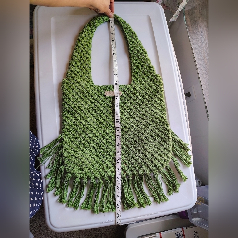 NWOT Handmade Tote Shoulder Bag Boho Chic Crochet Olive Green, Lightweight. - Picture 15 of 16